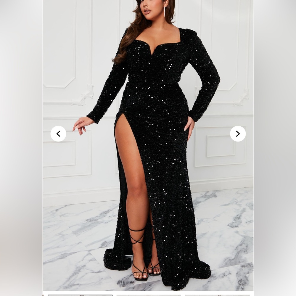 Fashion Nova  sequined Black  Gown with Sweetheart Neckline and Slit